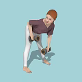 Woman Squatting With Dumbbells Against Black White Green Checkered Wall And Red Brick Floor