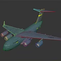 Blue Passenger Airplane With Four Engines And Yellow Stripe On Tail