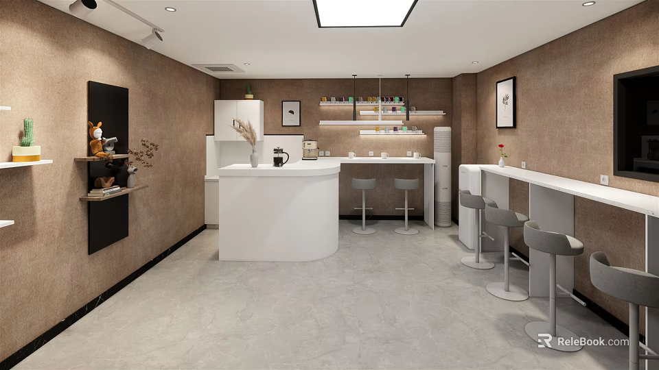 Modern Tea Room Interior Design With White Counter Bar Stools Brown Walls And Shelves 3d model 
