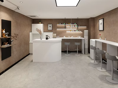 Modern Tea Room Interior Design With White Counter Bar Stools Brown Walls And Shelves 3d model