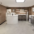 Modern Tea Room Interior Design With White Counter Bar Stools Brown Walls And Shelves