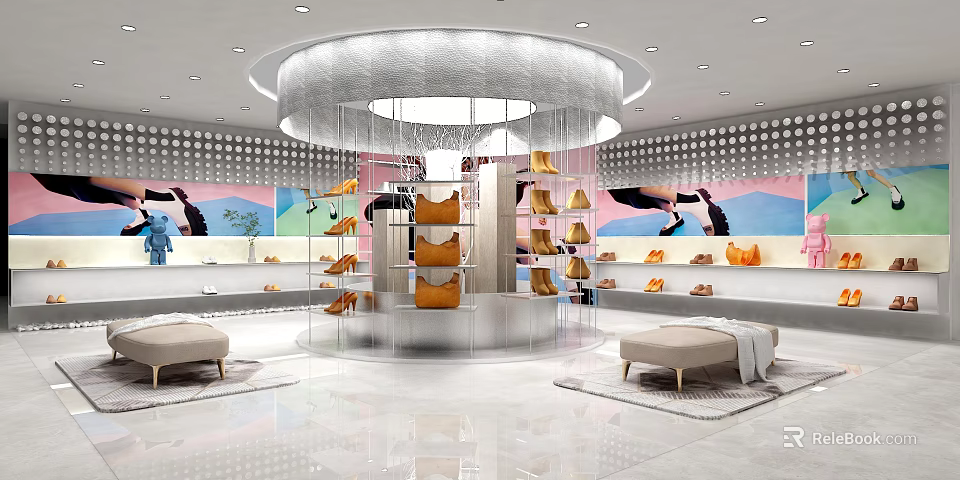 Shoe and Bag Specialty Store Interior With Circular Display Stand Shelves Sofas And Background Posters 3d model 