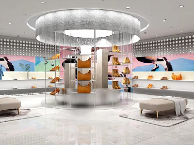 Shoe and Bag Specialty Store Interior With Circular Display Stand Shelves Sofas And Background Posters 3d model