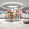 Shoe and Bag Specialty Store Interior With Circular Display Stand Shelves Sofas And Background Posters