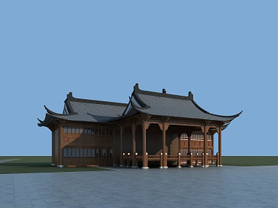Ancient Chinese Architecture With Traditional Wooden Structure And Overhanging Eaves Black Tiled Roof Open Square 3d model
