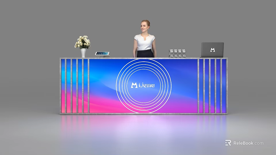Gradient Color Reception Desk With Leam Logo Flower Vase Tablet Calculator Laptop And Standing Receptionist 3d model 