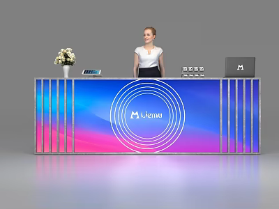 Gradient Color Reception Desk With Leam Logo Flower Vase Tablet Calculator Laptop And Standing Receptionist 3d model