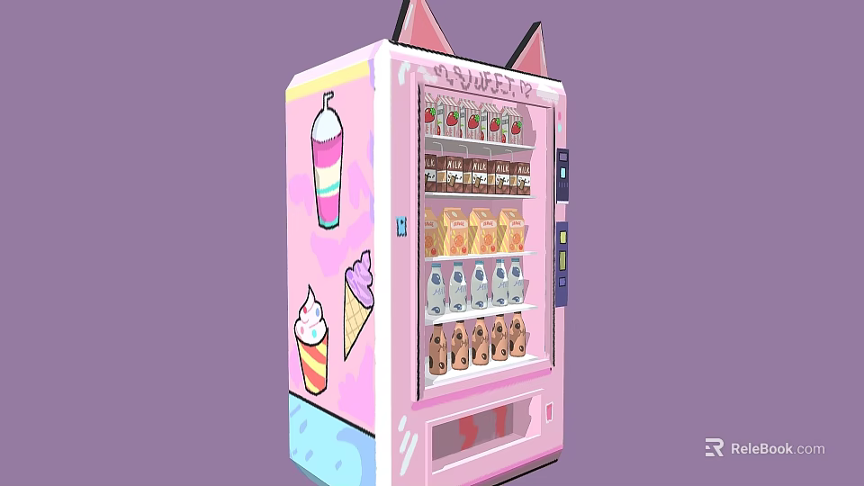 Pink Cat Ear Design Vending Machine With Beverages And Ice Cream Graphics For Commercial Use 3d model 