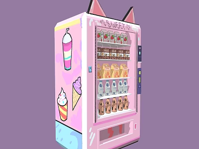Pink Cat Ear Design Vending Machine With Beverages And Ice Cream Graphics For Commercial Use 3d model