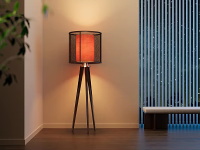 Modern Wooden Tripod Floor Lamp With Fabric Shade In Warm Lit Room Interior 3d model