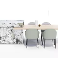 Modern Dining Table Set With Wooden Top Light Green Chairs And Marble Cabinet