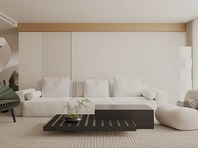 Minimalist Modern Living Room With White Sofa Cushions Black Coffee Table And Green Plant 3d model