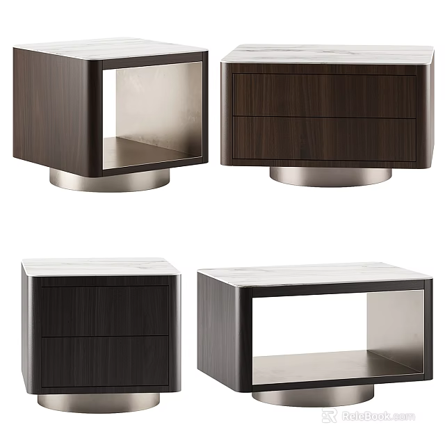 Modern Wooden Bedside Tables With Marble Top Drawers And Open Shelf Design 3d model 