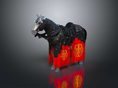 Ornate Black Horse With Decorative Saddle Red And Gold Fringes And Emblems 3d model