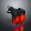 Ornate Black Horse With Decorative Saddle Red And Gold Fringes And Emblems