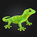 Vibrant Green Gecko with Yellow Spots and Large Eyes on Black Background