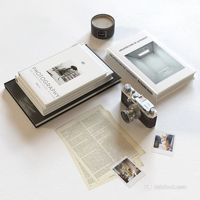 Photography Books Display With Vintage Camera Photos And Prints 3d model 