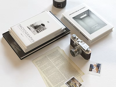 Photography Books Display With Vintage Camera Photos And Prints 3d model