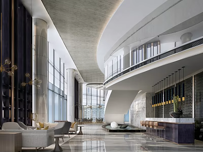 Modern Hotel Lobby Interior Design With High Ceiling Floor-to-Ceiling Windows Sofa Seating And Bar Counter 3d model