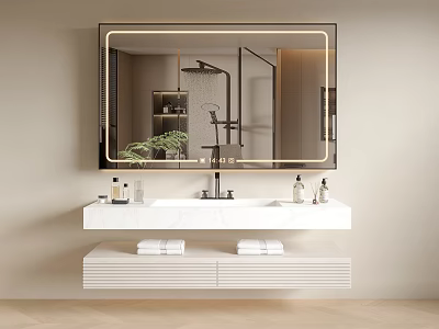 Modern Bathroom Vanity With Backlit Mirror Double Sinks Marble Countertop And Green Plant 3d model