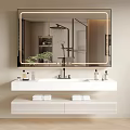 Modern Bathroom Vanity With Backlit Mirror Double Sinks Marble Countertop And Green Plant