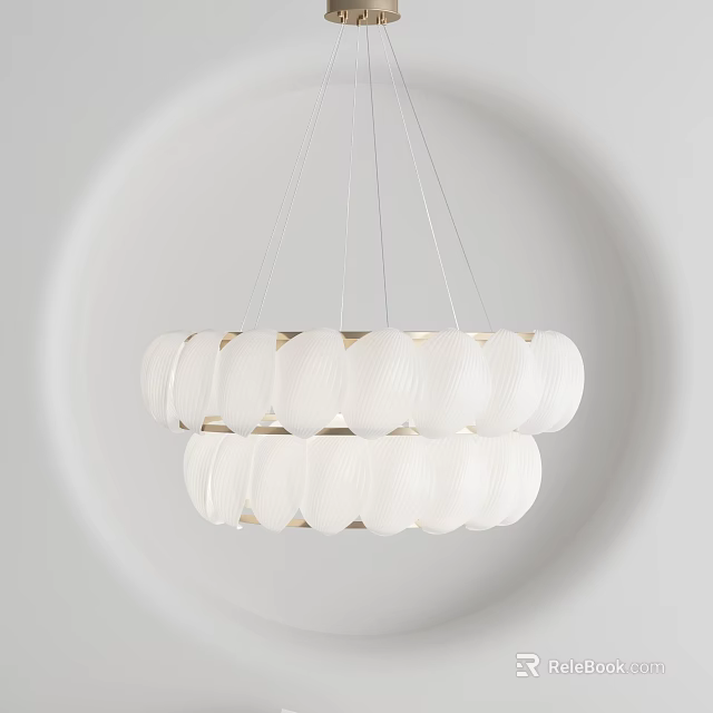 Two Tiered White Textured Modern Chandelier With Circular Glass Shades Hanging 3d model 