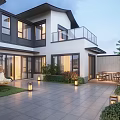 Garden Landscape Of Modern House Courtyard With Paved Patio Green Plants Outdoor Furniture And Lanterns