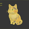 Colorful Cartoon Cat Sitting With Orange Black White Fur Green Eyes And Pink Ears