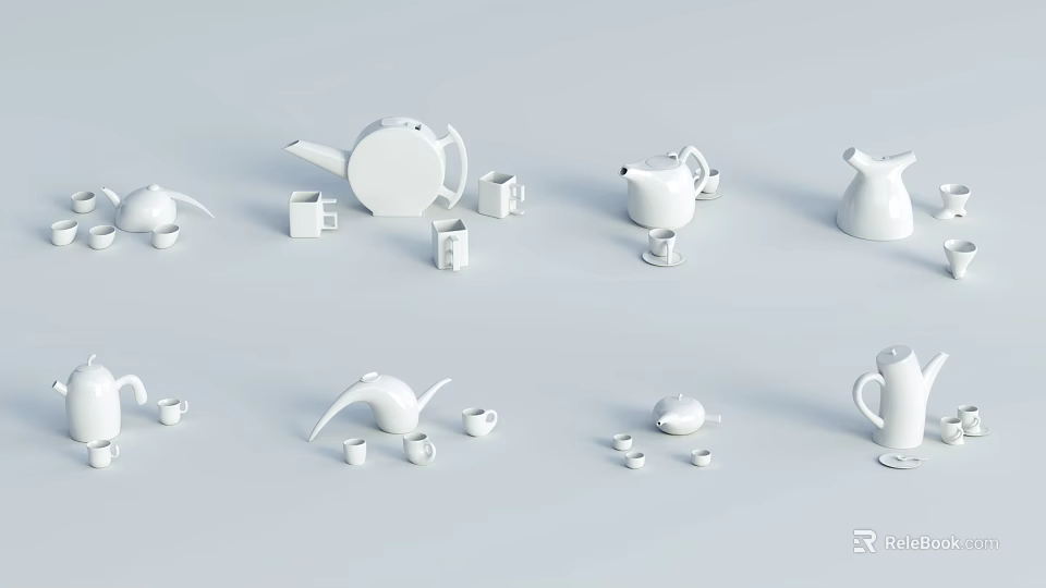 White Minimalist Tea Set With Multiple Teapots Teacups And Milk Jugs 3d model