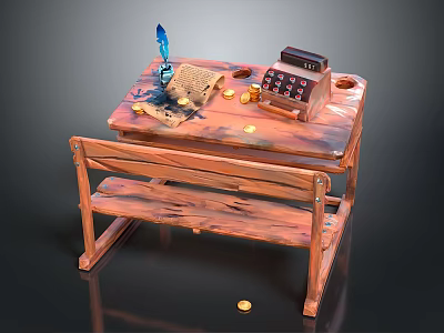 Vintage Wooden Desk with Quill Ink Bottle Parchment Scroll Abacus Gold Coins and Bench 3d model