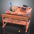 Vintage Wooden Desk with Quill Ink Bottle Parchment Scroll Abacus Gold Coins and Bench