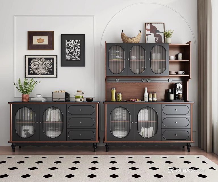 Elegant Entryway Console Cabinet And Sideboard With Glass Doors Drawers And Decorative Plants 3d model 