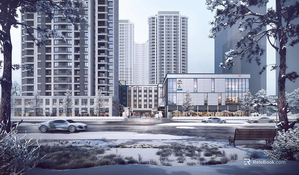 Winter Cityscape With High Rise Buildings Snow Covered Street And Vehicles 3d model 