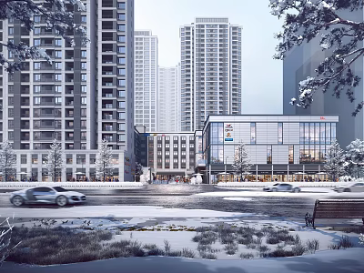 Winter Cityscape With High Rise Buildings Snow Covered Street And Vehicles 3d model