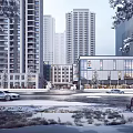 Winter Cityscape With High Rise Buildings Snow Covered Street And Vehicles