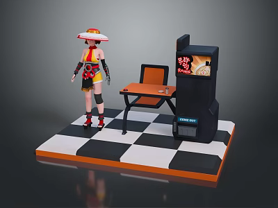 Stylish Game Movie Character Standing By Table Chair And Vending Machine On Checkered Platform 3d model