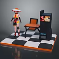 Stylish Game Movie Character Standing By Table Chair And Vending Machine On Checkered Platform