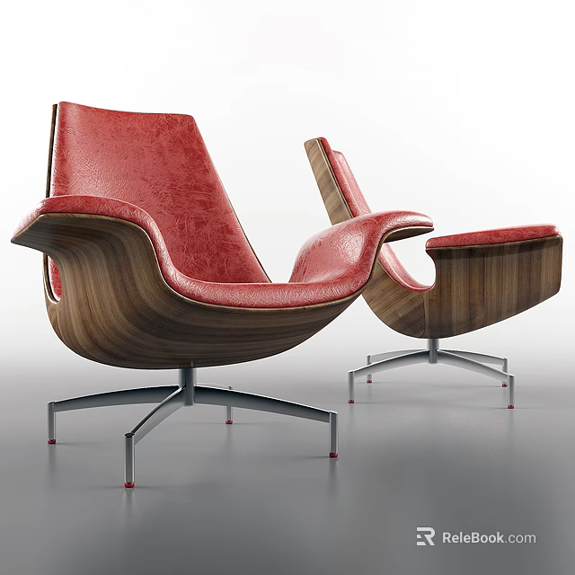 Modern Leisure Chair With Red Leather Seat Wooden Frame And Metal Base 3d model 