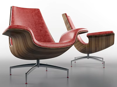 Modern Leisure Chair With Red Leather Seat Wooden Frame And Metal Base 3d model
