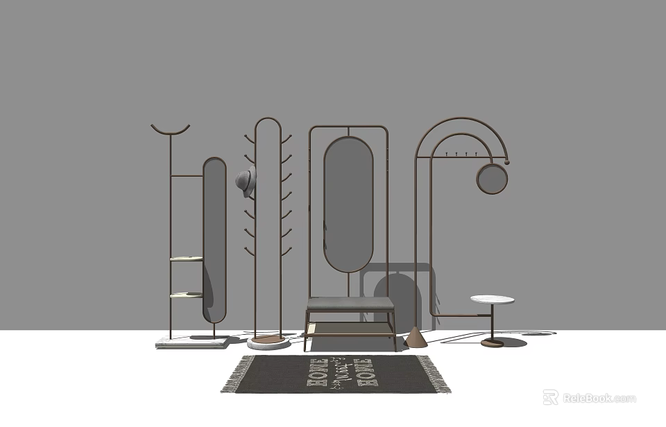 Stylish Modern Clothes Racks With Mirror Small Table Bench And Rug 3d model