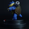 Blue Turtle Figure With Cannon Front And Back Views On Base Red White Eye Pattern 3d model
