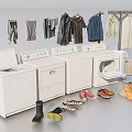 Laundry Room Essentials Including Washing Machines Clotheslines And Baskets With Iron And Clothes