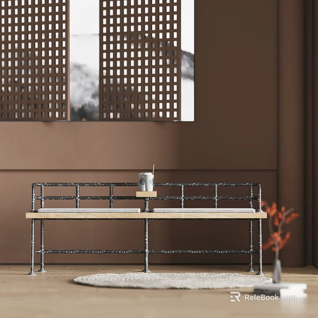 Modern Public Chair With Metal Frame And Wooden Seat In Interior Decor Setting 3d model 