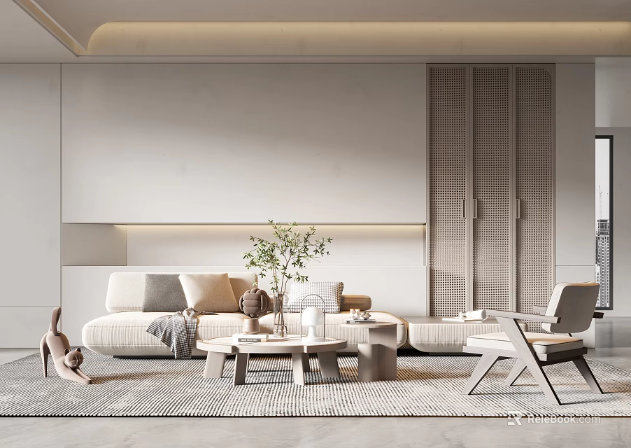 Modern Minimalist Living Room With Light Sofa Coffee Table Rug And Green Plant Decor 3d model 