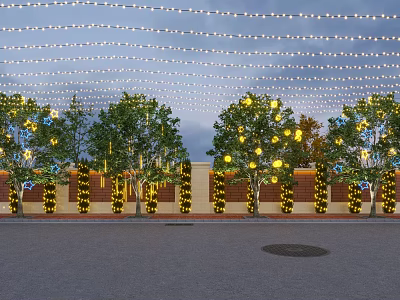 Decorative Lights Hanging Above Outdoor Trees And Brick Walls In Warm Evening 3d model