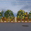Decorative Lights Hanging Above Outdoor Trees And Brick Walls In Warm Evening