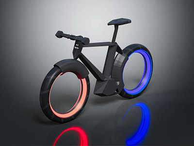 Modern Futuristic Bicycle Design With Illuminated Red Blue Wheels And Reflective Surface 3d model