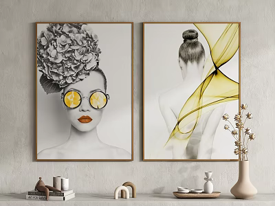 Two Female Portrait Paintings With Lemon Slice Glasses Floral Headpiece Back View And Yellow Curves 3d model