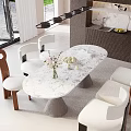 Modern Restaurant Interior With Marble Tabletop Dining Table Chairs Fresh Fruits And Flowers