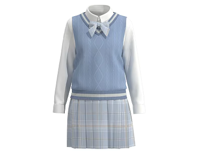 Blue Knitted Vest White Long Sleeve Shirt With Bow Tie And Plaid Pleated Skirt Outfit 3d model